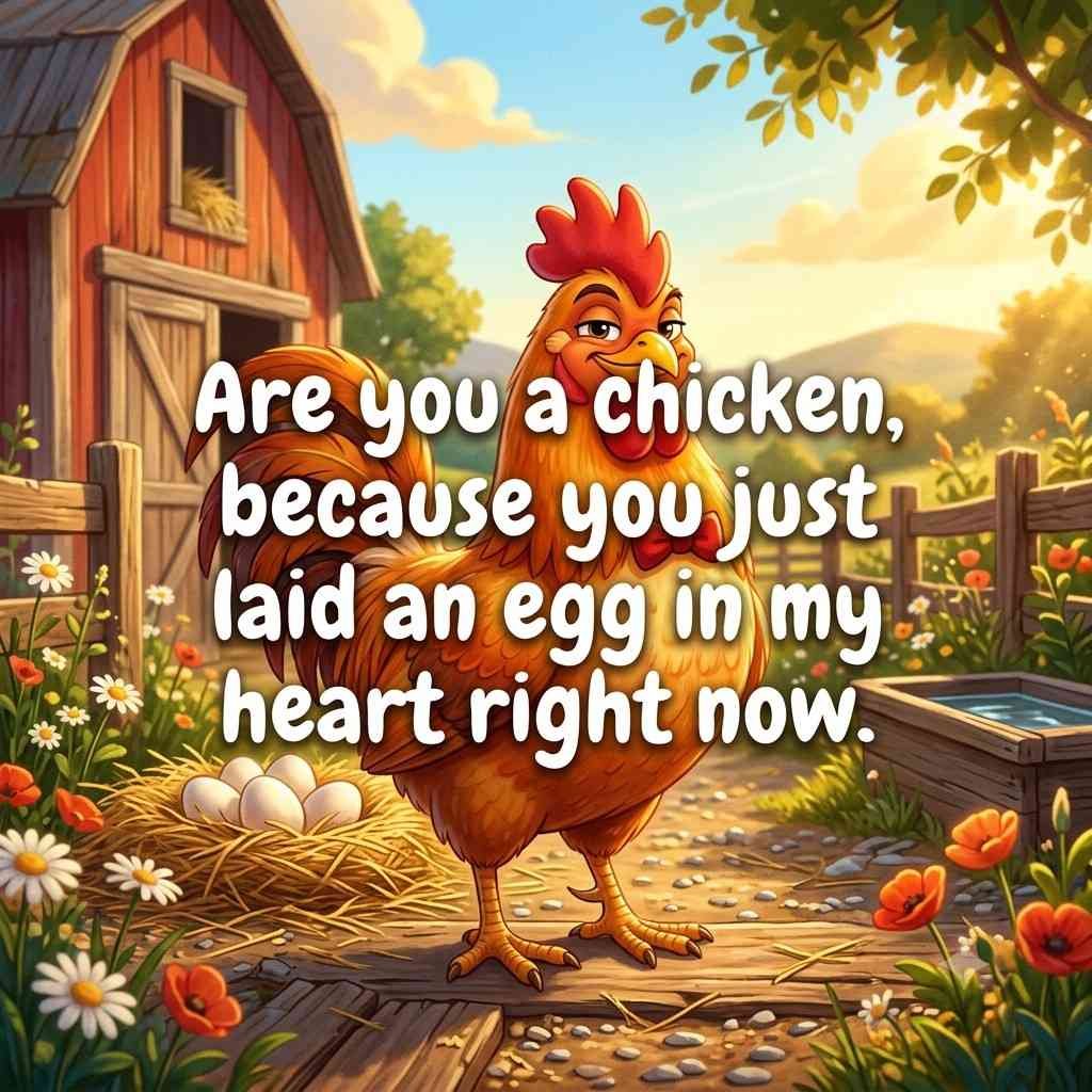 Cute chicken pickup lines image with rooster and romantic quote overlay