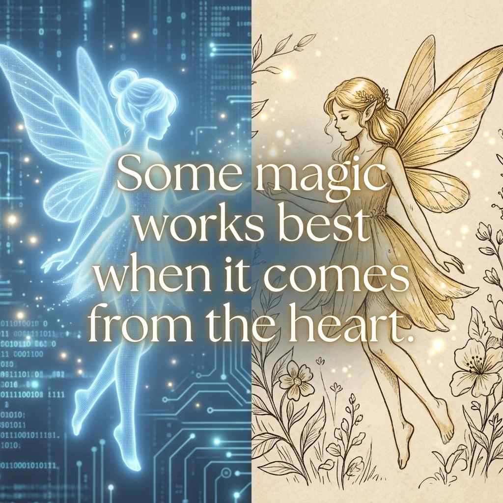  AI versus human fairy pick up lines illustration with a heartfelt quote