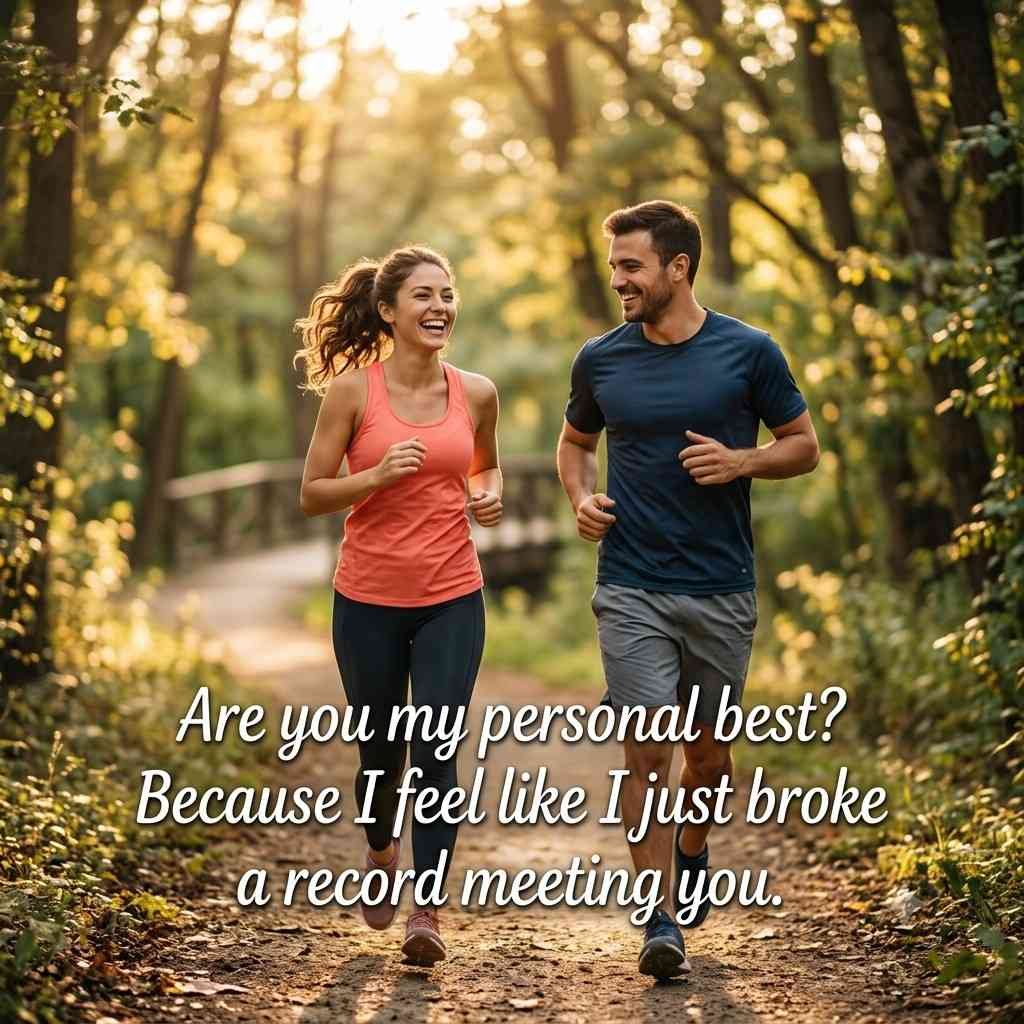 Runner Jogger Pick Up Lines quote overlaid on couple jogging together at sunset