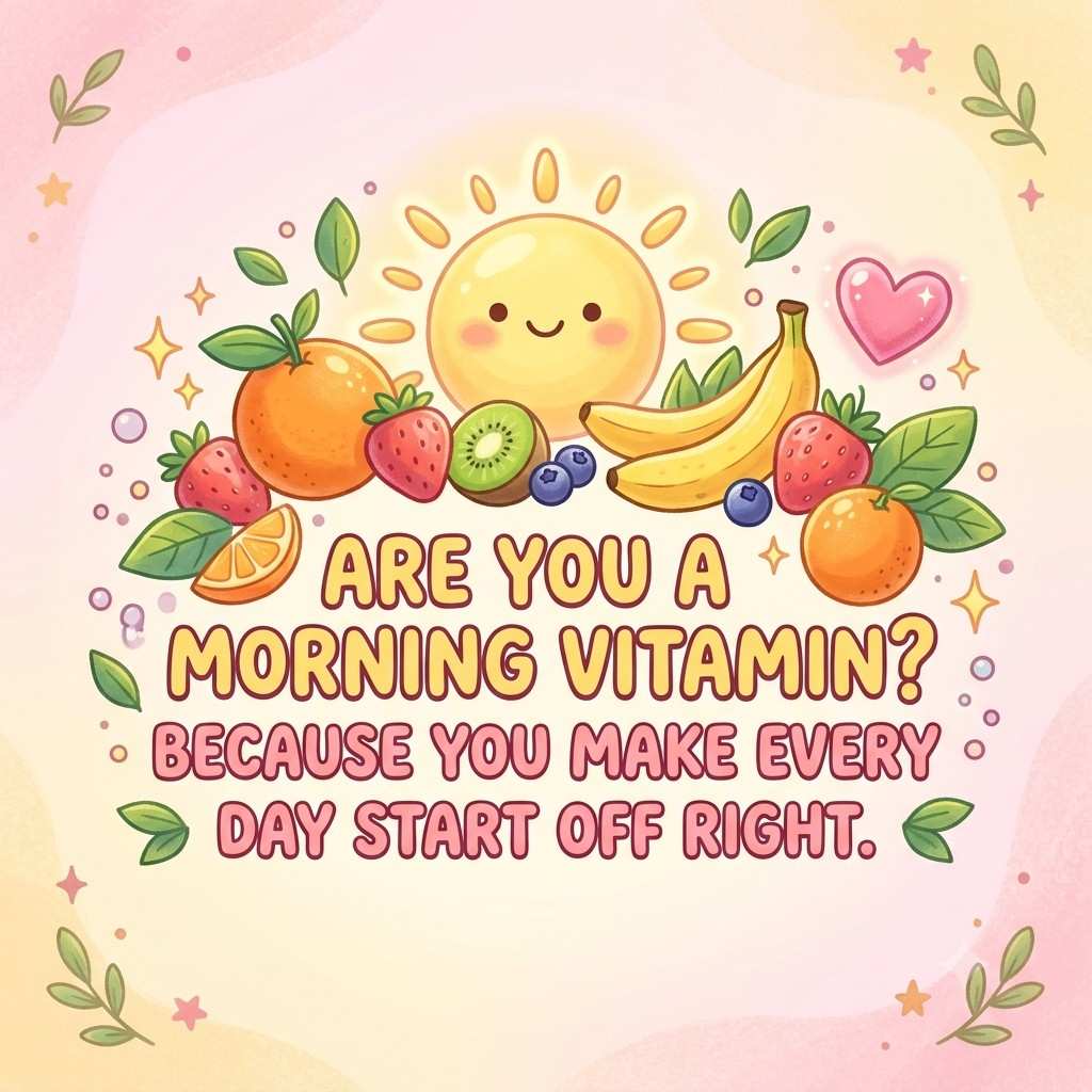 Cute vitamin pick up lines image with sunshine and fruit illustration"