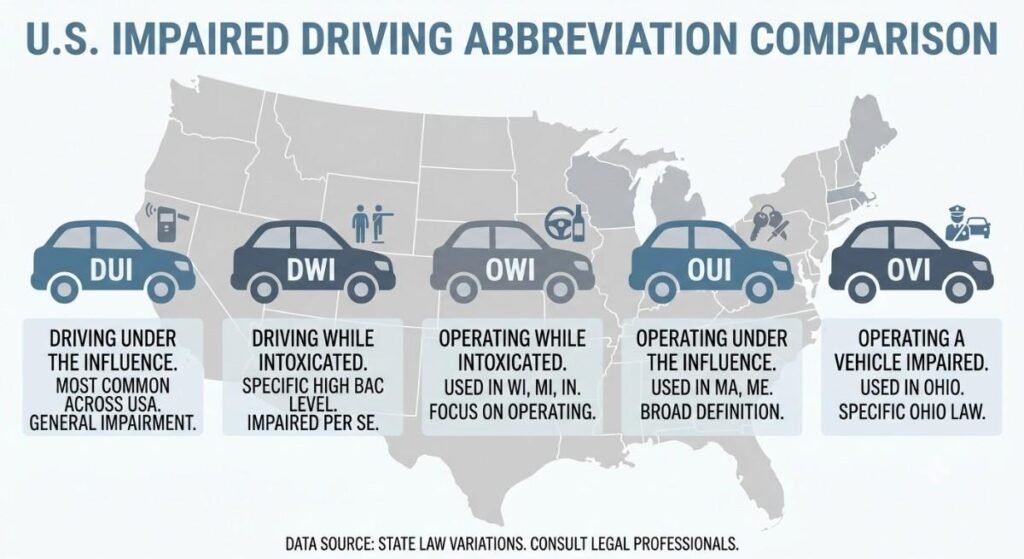 OWI meaning comparison chart showing DUI, DWI, OWI, OUI, and OVI impaired driving abbreviations across U.S. states"