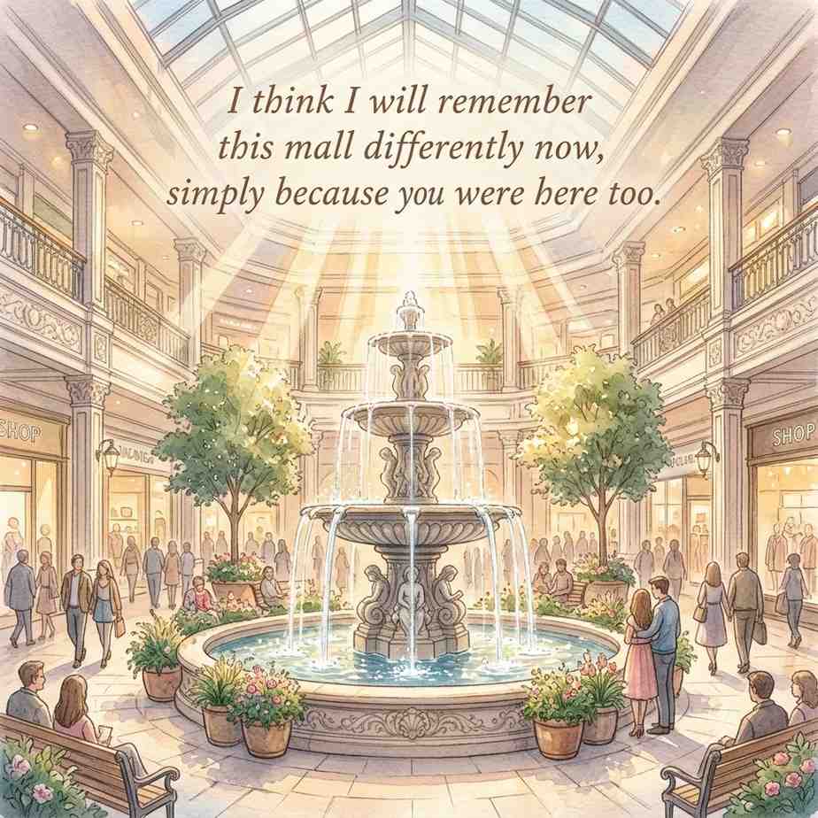 Romantic shopping mall pick up line quote with mall fountain art