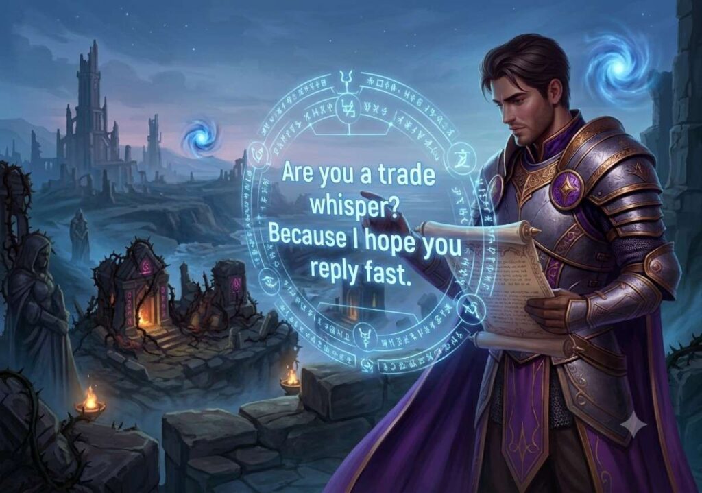 Path of exile pick up lines for texting shown with a glowing message scroll