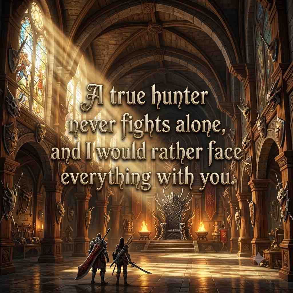 Legendary Monster Hunter Love Quotes image with fantasy hunter's hall