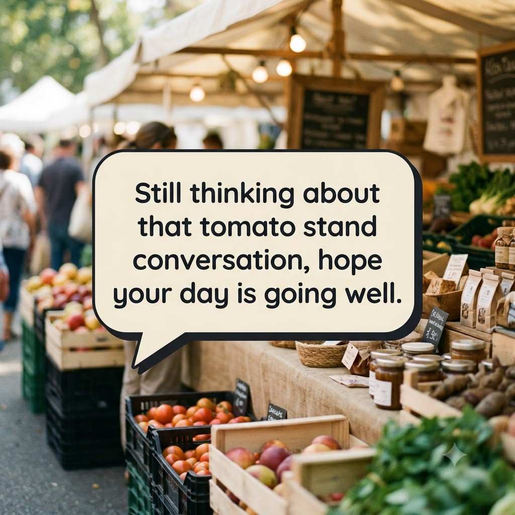 Farmers Market Pick Up Lines quote image for DMs and chats
10. Sassy and Playful Farmers Market Pick Up Lines
Prompt: Create a 1080x1080px square image, playful colorful farmers market background with pepper and onion stalls, bright saturated colors, no title text. Overlay this quote in a fun sassy script font: "Careful, flirting near the pepper stand might actually be a little spicy."
Alt text: Sassy Farmers Market Pick Up Lines quote image with pepper stall
11. Iconic Farmers Market Pick Up Lines with a Twist
Prompt: Create a 1080x1080px square image, artistic farmers market background with fresh corn and lettuce baskets, soft cinematic lighting, no title text. Overlay this quote in a stylish creative font: "Are you a farmer? Because you just planted something in my chest."
Alt text: Iconic Farmers Market Pick Up Lines quote image with fresh corn
12. Share-Worthy Farmers Market Pick Up Lines for Every Mood
Prompt: Create a 1080x1080px square image, seasonal farmers market collage feel with flowers, pumpkins, and fresh fruit baskets, soft warm lighting, no title text. Overlay this quote in a friendly rounded font: "Spring flowers, fresh air, and you, this already feels like a good start."
Alt text: Share-worthy Farmers Market Pick Up Lines quote image with seasonal flowers