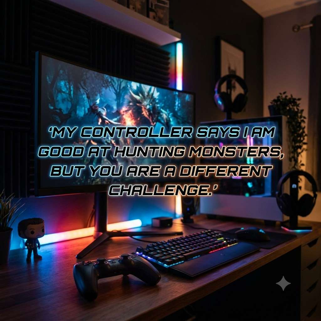 Monster Hunter Pick Up Lines quote image for gamers with gaming setup