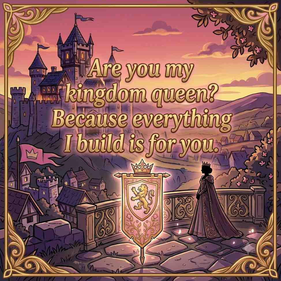  "Square 1080x1080 illustration, a glowing kingdom queen silhouette standing near a castle balcony at dusk, bold text overlay in the center reading 'Are you my kingdom queen? Because everything I build is for you.' in an elegant feminine font, soft pink and gold colors, no title, no logos"