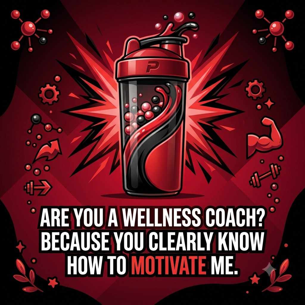 "Flirty vitamin pick up lines image with protein shake bottle illustration"