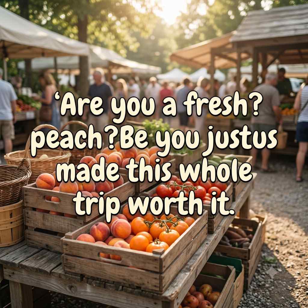 Funny Farmers Market Pick Up Lines quote image with fresh peaches background
