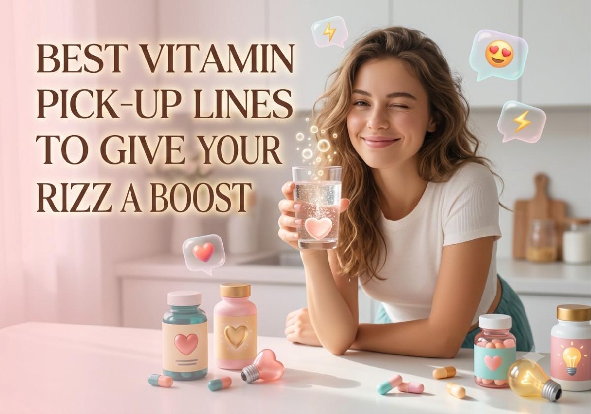 A charming, high-aesthetic photo used as a blog header for 'Best Vitamin Pick-Up Lines,' featuring a smiling woman winking by a minimalist counter with heart-shaped vitamins and a glass of water.