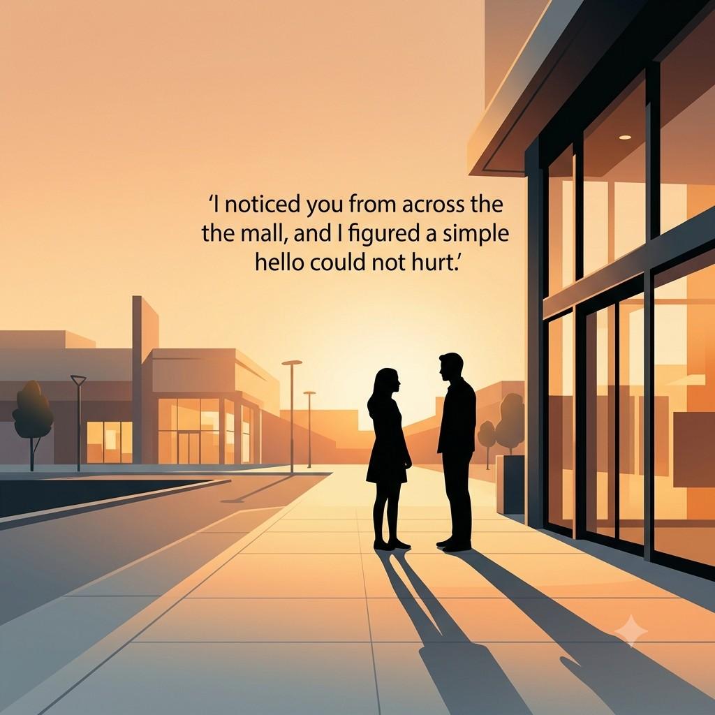 First meeting shopping mall pick up line silhouette illustration
