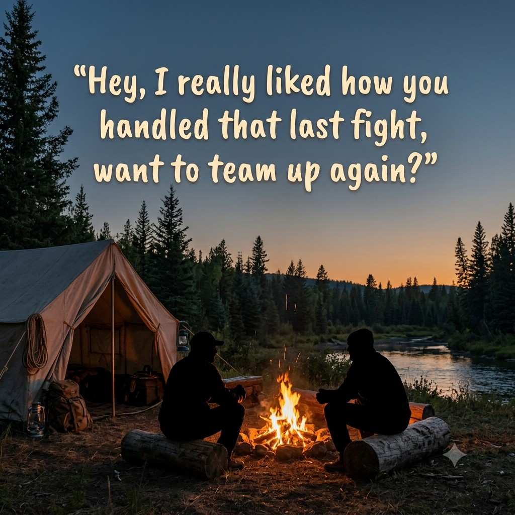 Safe Monster Hunter Pick Up Lines quote image with camp silhouettes
