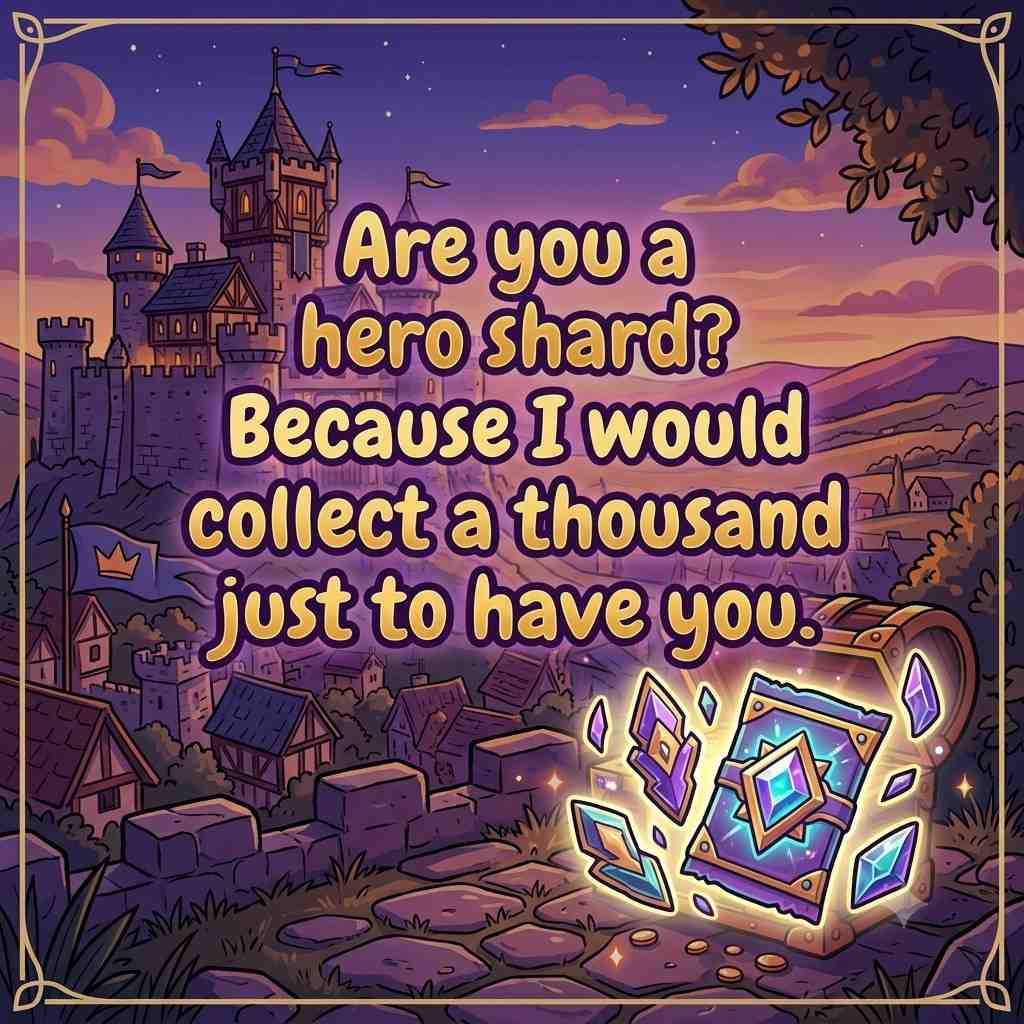 Cheesy Lords Mobile pick up lines image with glowing hero shard illustration"