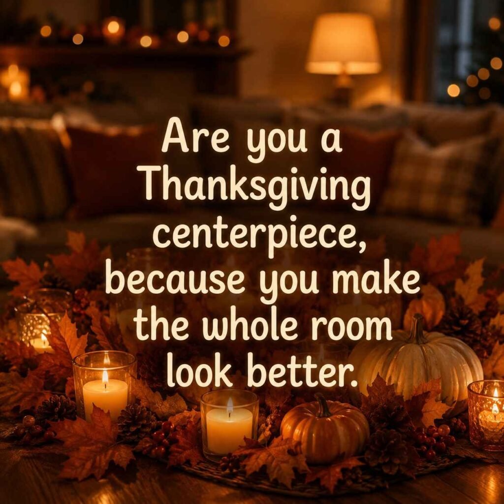Cheesy Thanksgiving pickup lines quote card with cozy autumn centerpiece decor.
