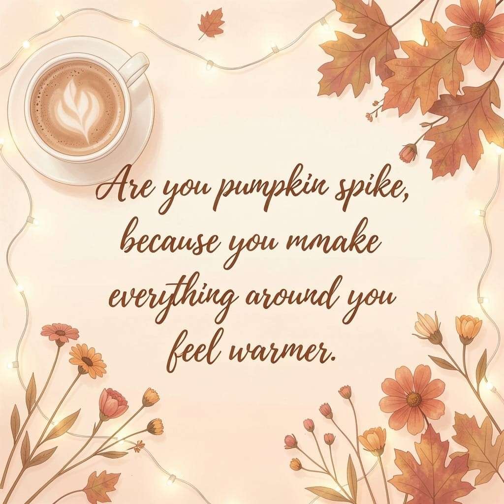 Thanksgiving pick up lines for her quote card with a pumpkin spice latte flat lay.