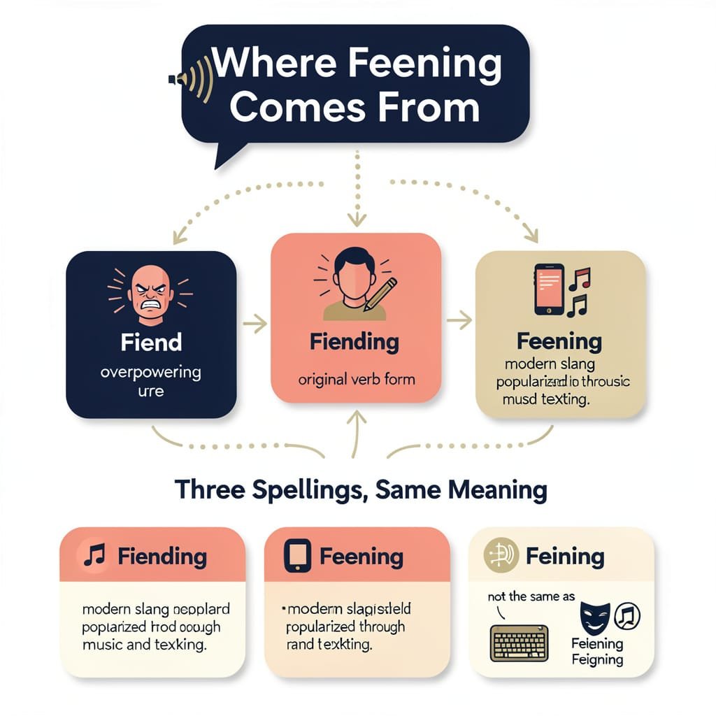 Infographic explaining the feening meaning, its origin from fiend and fiending, and spelling variations feening vs feining