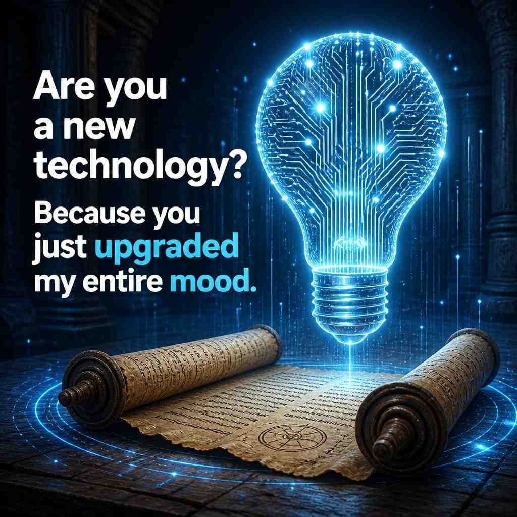 Civilization Technology Pick Up Lines quote on glowing invention illustration.