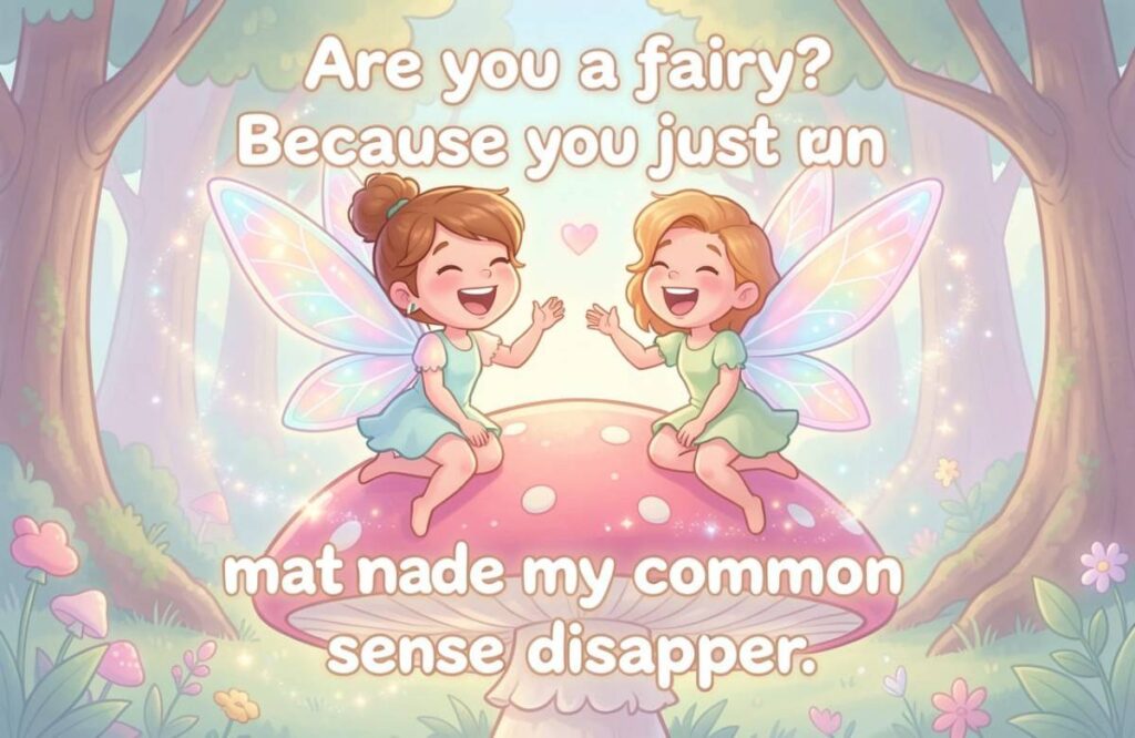 Funny fairy pick up lines illustration with two fairies laughing on a mushroom