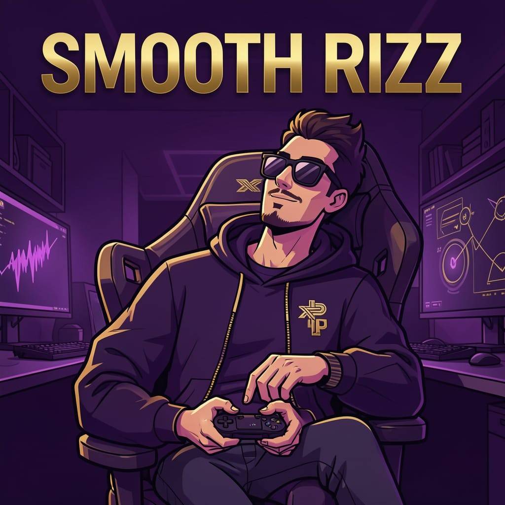 A stylish flat illustration of a confident gamer character leaning back with sunglasses and a controller, bold sleek text at the top saying 'SMOOTH RIZZ' in a modern condensed font, deep purple and gold color palette, vector art style