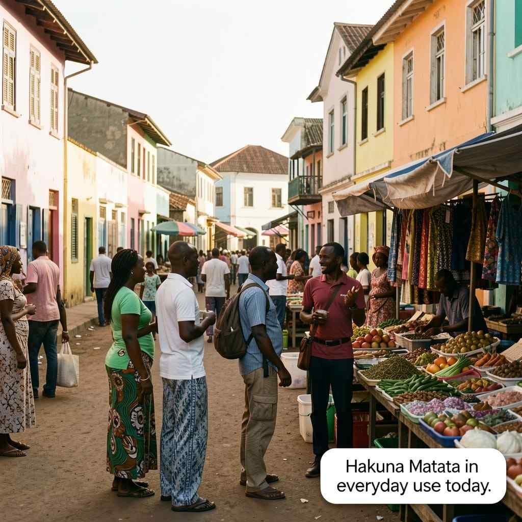 Hakuna matata meaning in everyday use—a coastal Kenya street scene with tourists and locals