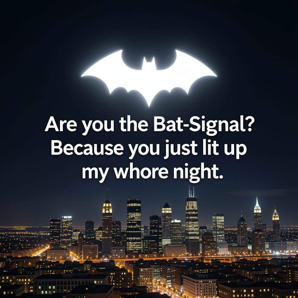 Classic Batman pick up lines quote image with bat-signal background