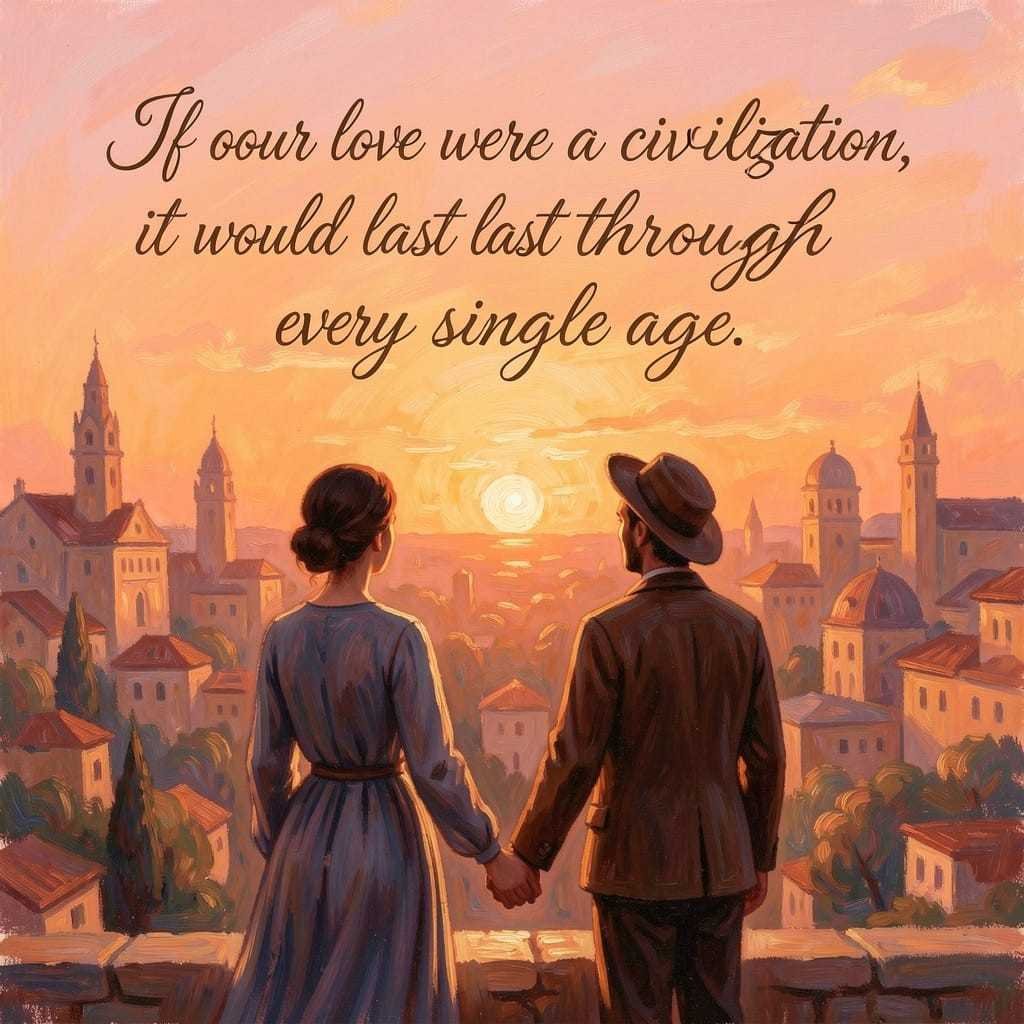 Romantic Civilization Pick Up Lines quote on couple sunset city illustration.