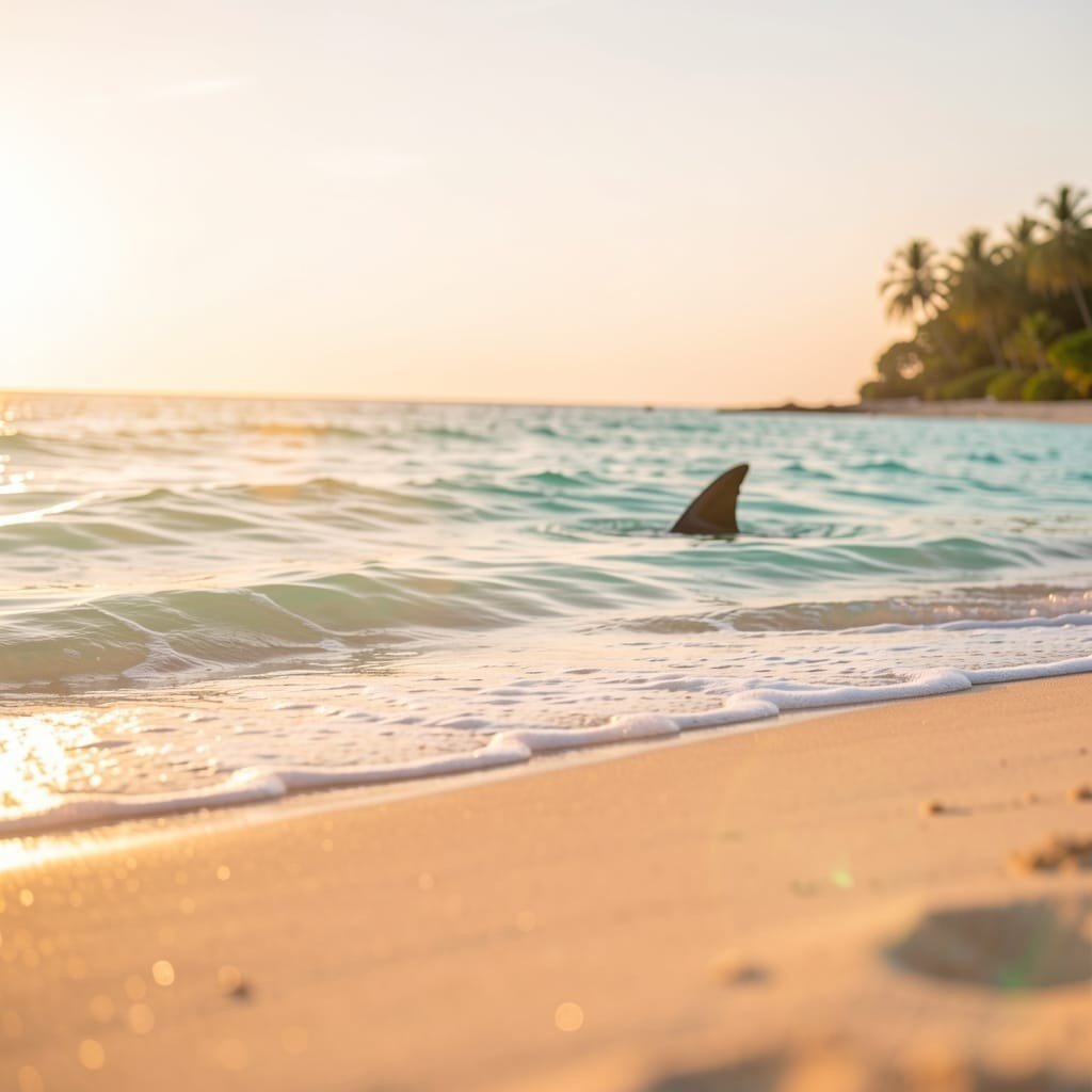 Beach-themed Shark Pick-Up Lines quote image with a shark fin at sunset