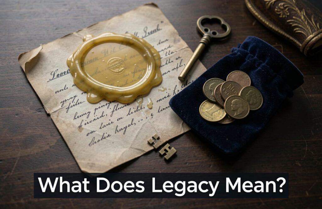 Flat lay of a will and keepsakes illustrating the legacy meaning of inheritance