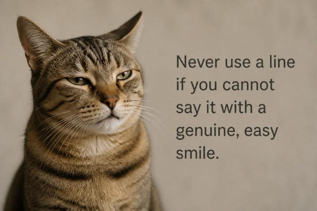 Cat Pickup Lines tip image showing a skeptical cat and caution advice.