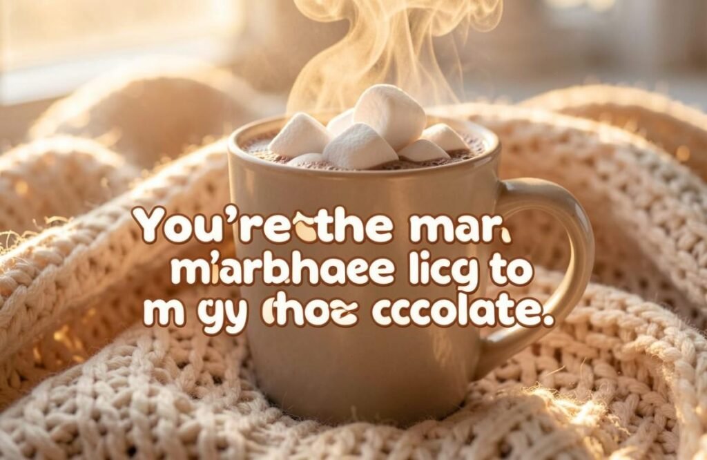 Hot Chocolate Pick-Up Lines quote on steaming cocoa mug photo