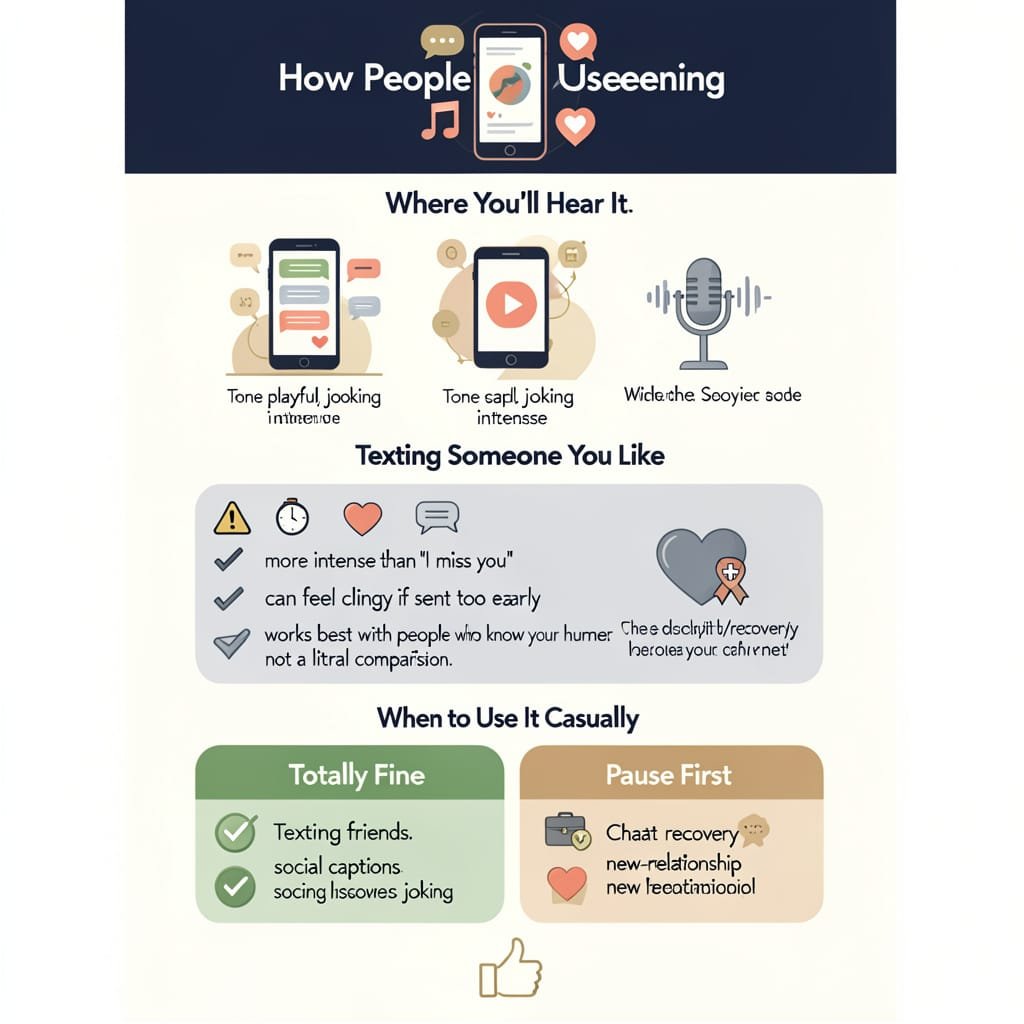 Infographic showing the feening meaning in real-life use across texting, TikTok, relationships, and when to use it casually