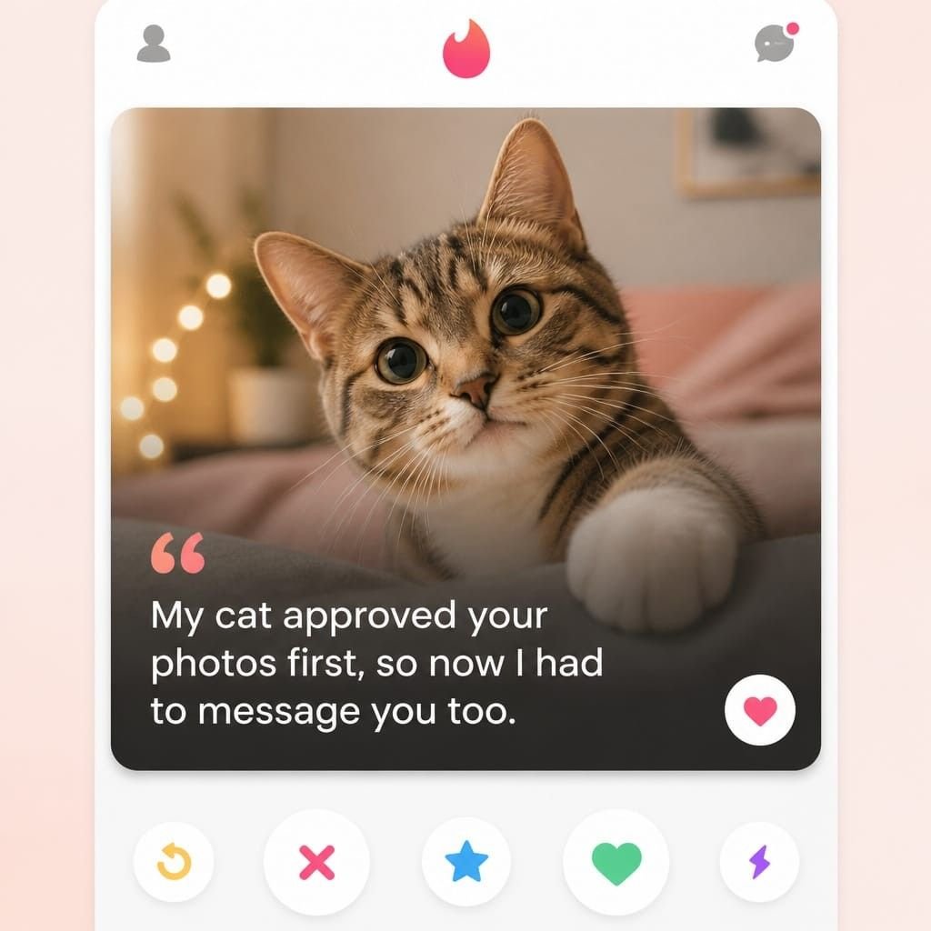 Cat Pick-Up Lines for Tinder image styled like a dating app profile card.