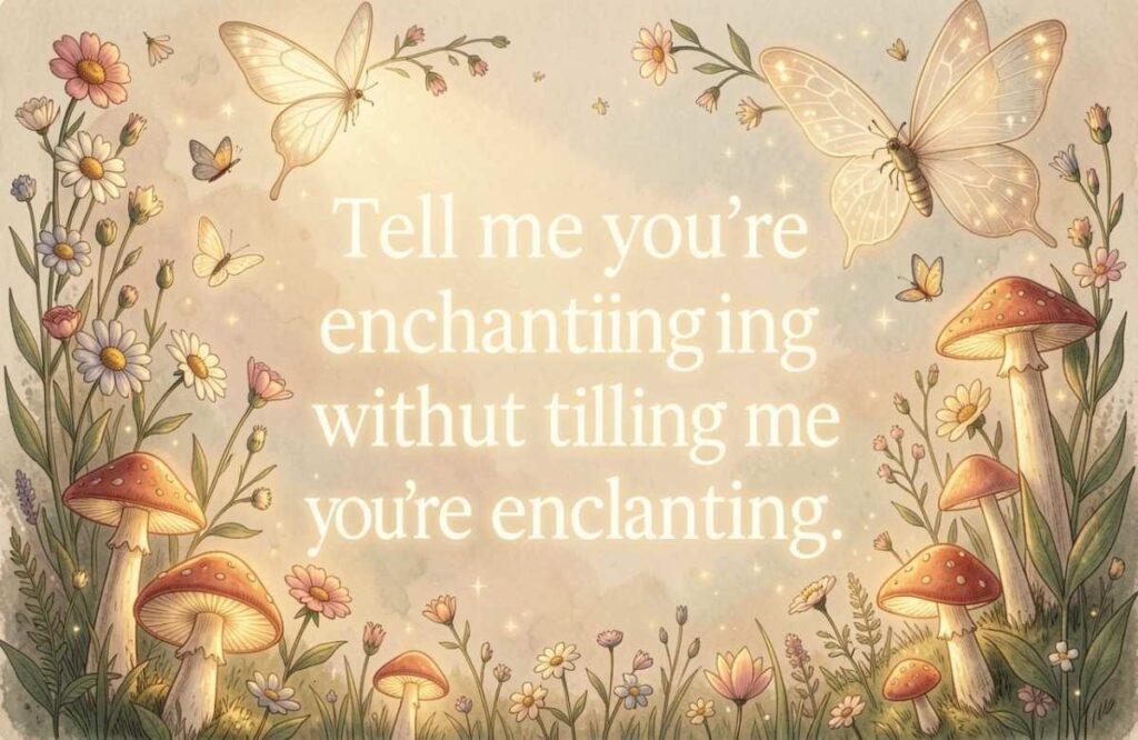 Fairycore aesthetic fairy pick up lines flat-lay with wildflowers and mushrooms