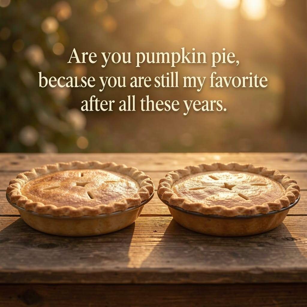 Thanksgiving pickup lines for couples' quote cards with pumpkin pie table styling.