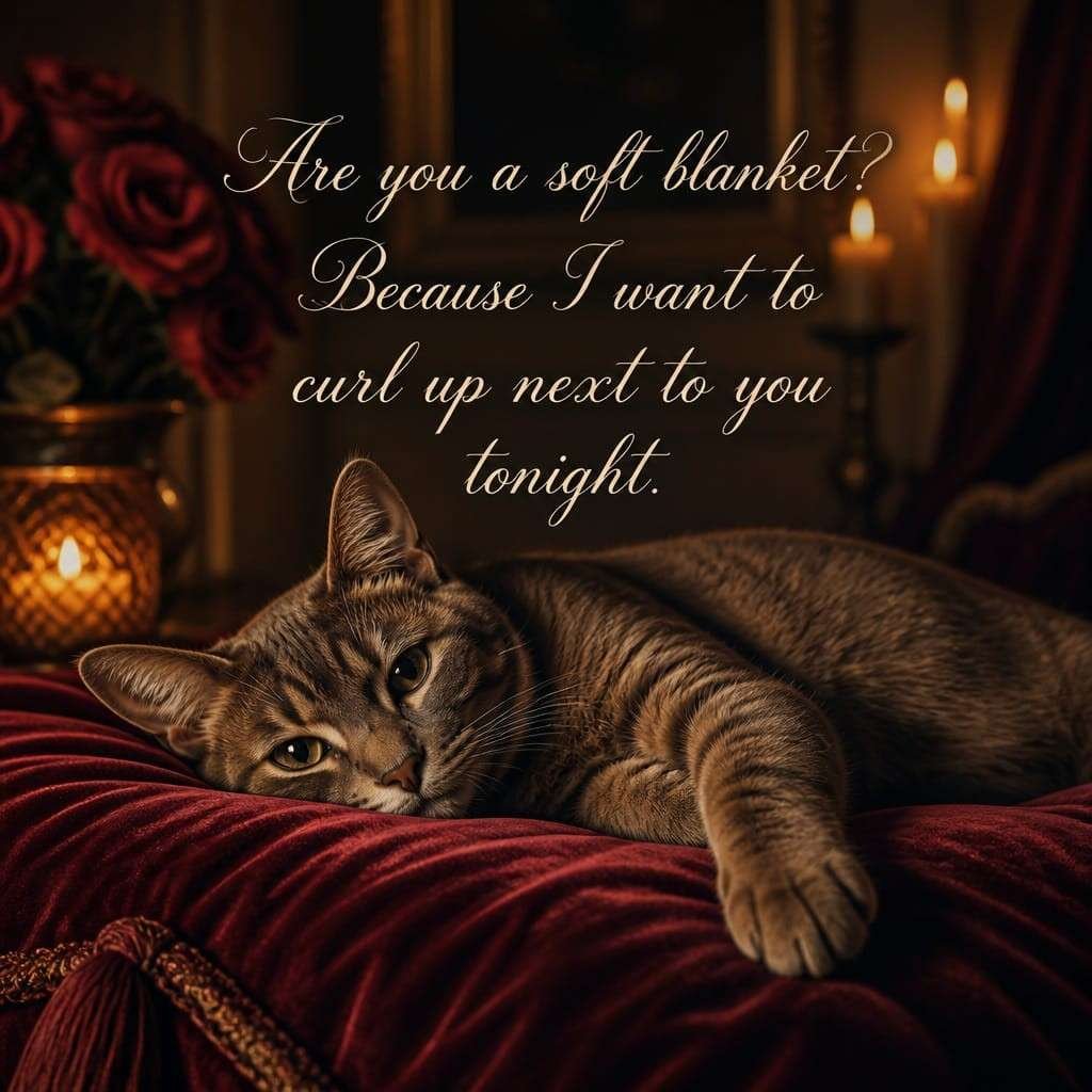 Flirty Cat Pick Up Lines image showing a cat in a romantic candlelight setting.