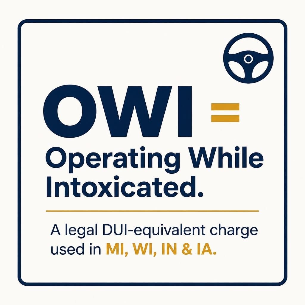"OWI meaning quick definition—Operating While Intoxicated used instead of DUI."