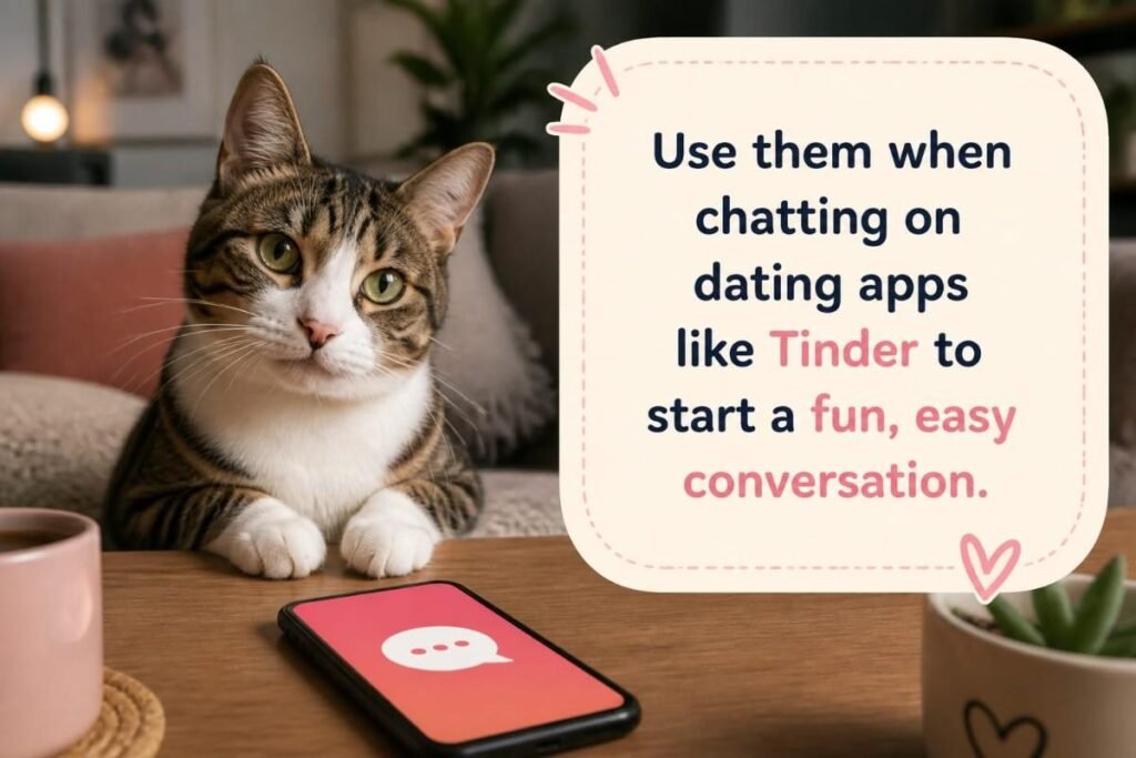 Cat Pickup Lines usage tip image with a cat and phone chat icon.