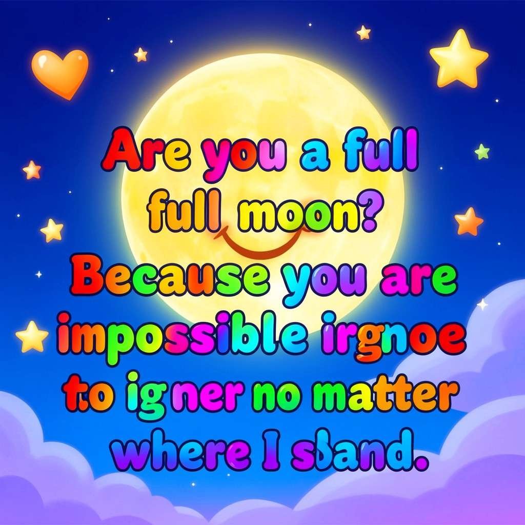 Cheesy moon pick up lines quote with smiling full moon and heart stars