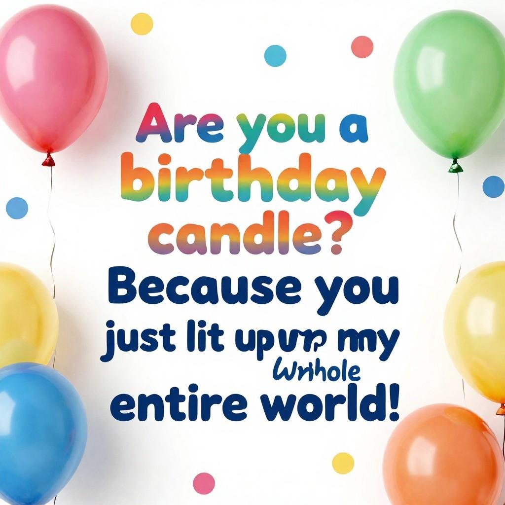 Cheesy birthday pick up lines quote with colorful polka dot balloons
