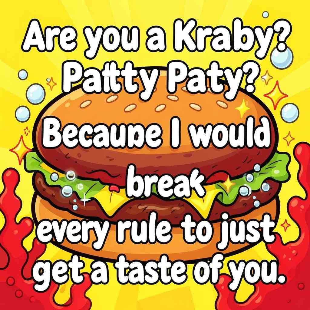 Cheesy spongebob pick up lines quotes featuring the Krabby Patty theme