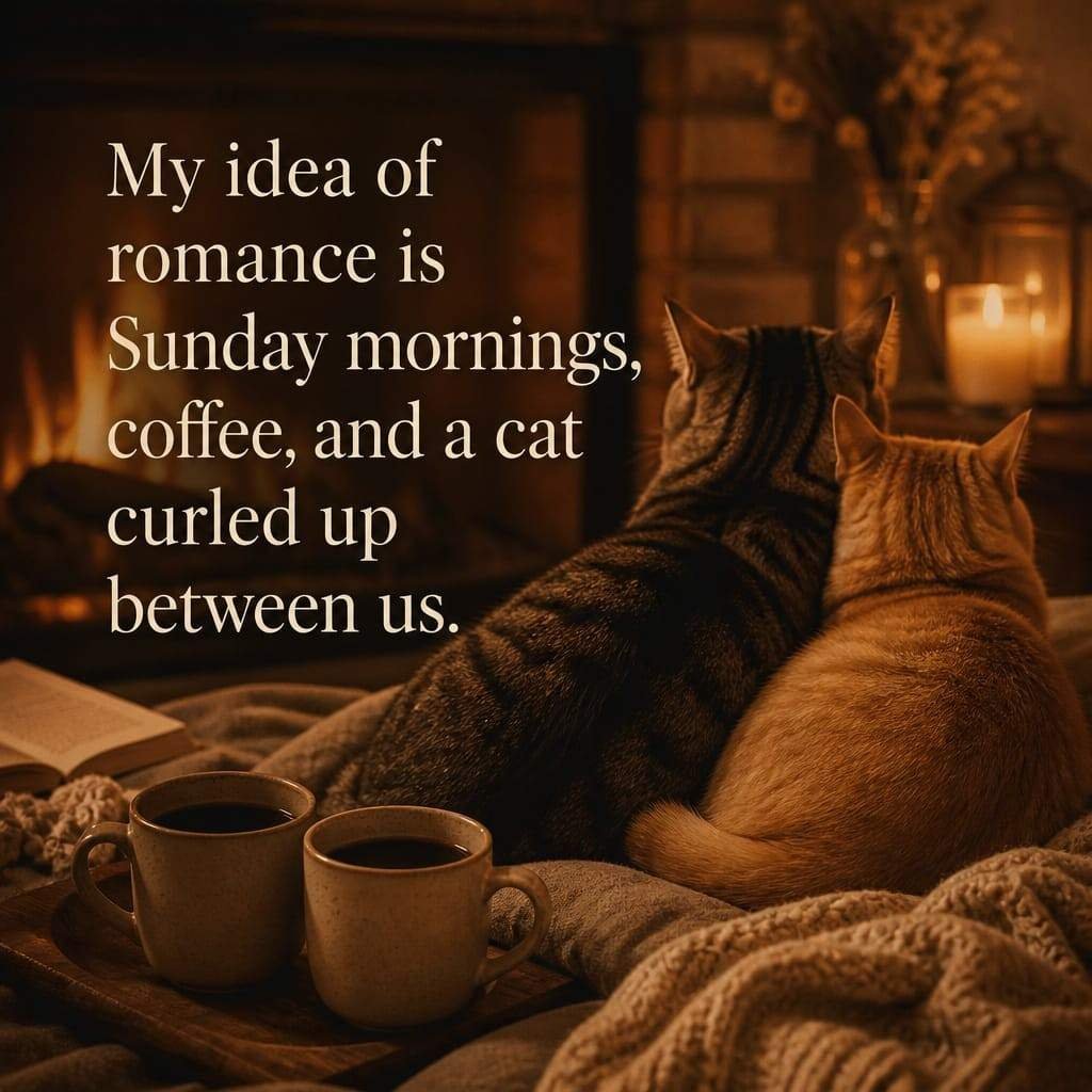 Romantic Cat Lover Pick-Up Lines: image of cats by a warm fireplace.
