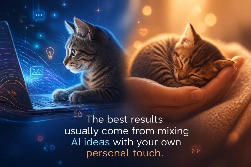 Cat Pick Up Lines AI vs. Human Comparison Image with Digital and Cozy Cat Scenes.