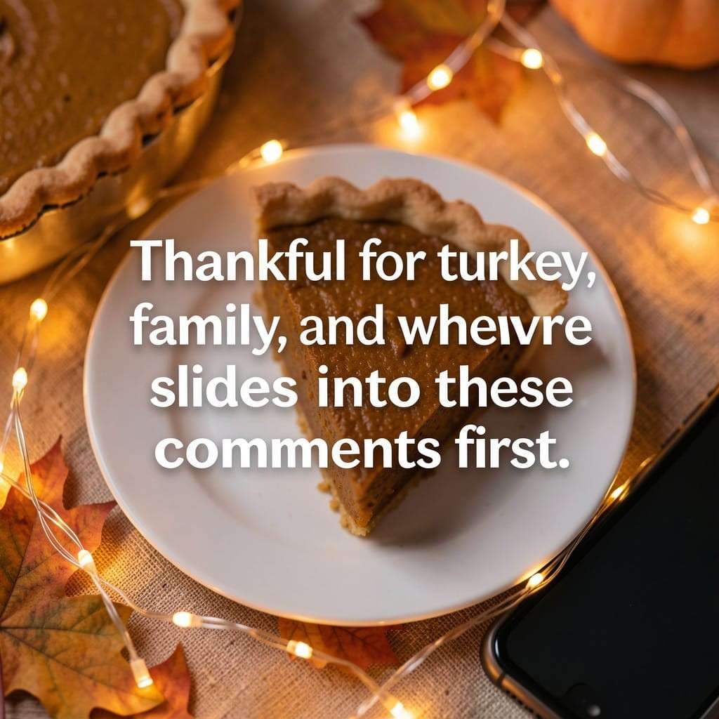 Create a 1080x1080 square image, an aesthetic Thanksgiving flat lay styled like a social media post, pie slice, fairy lights, and phone frame corner detail. Overlay this text in trendy modern font, centered, no title: "Thankful for turkey, family, and whoever slides into these comments first." Trendy aesthetic mood, no logos, no extra text.