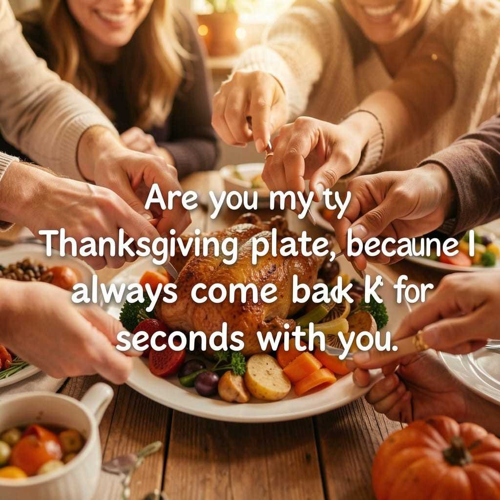 Thanksgiving pick up lines for friends quote card with shared dinner plate scene.
