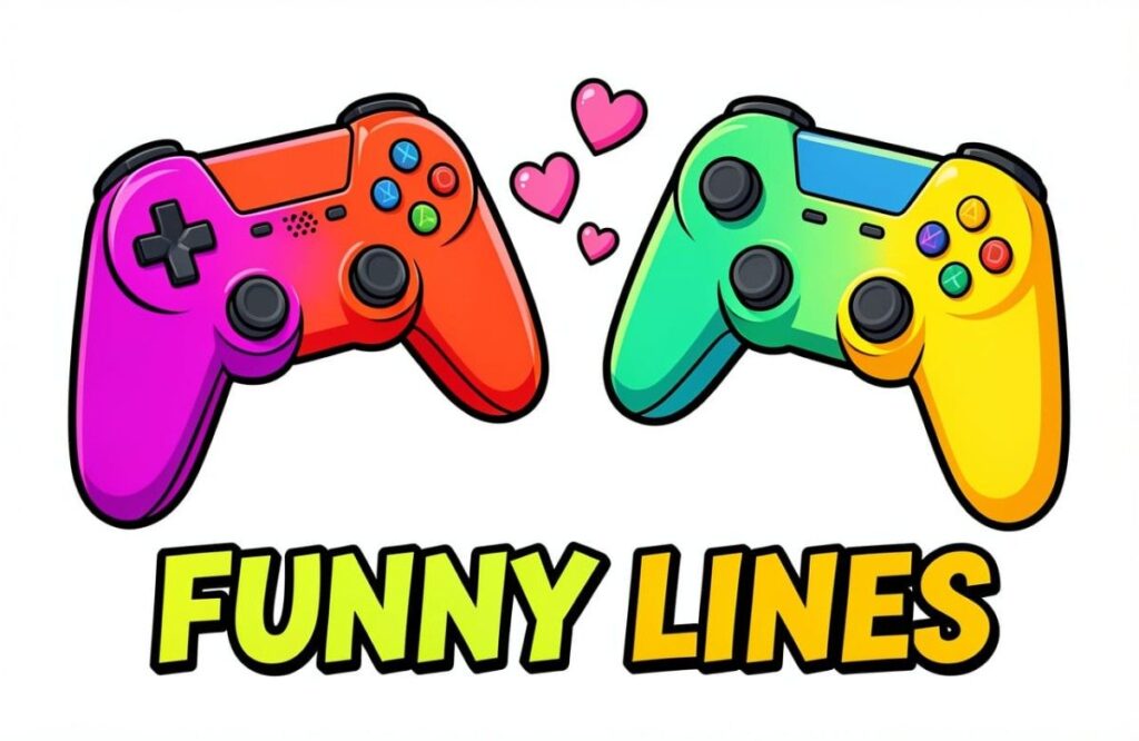 Funny streamer gamer pick-up lines illustration with two game controllers and floating hearts"